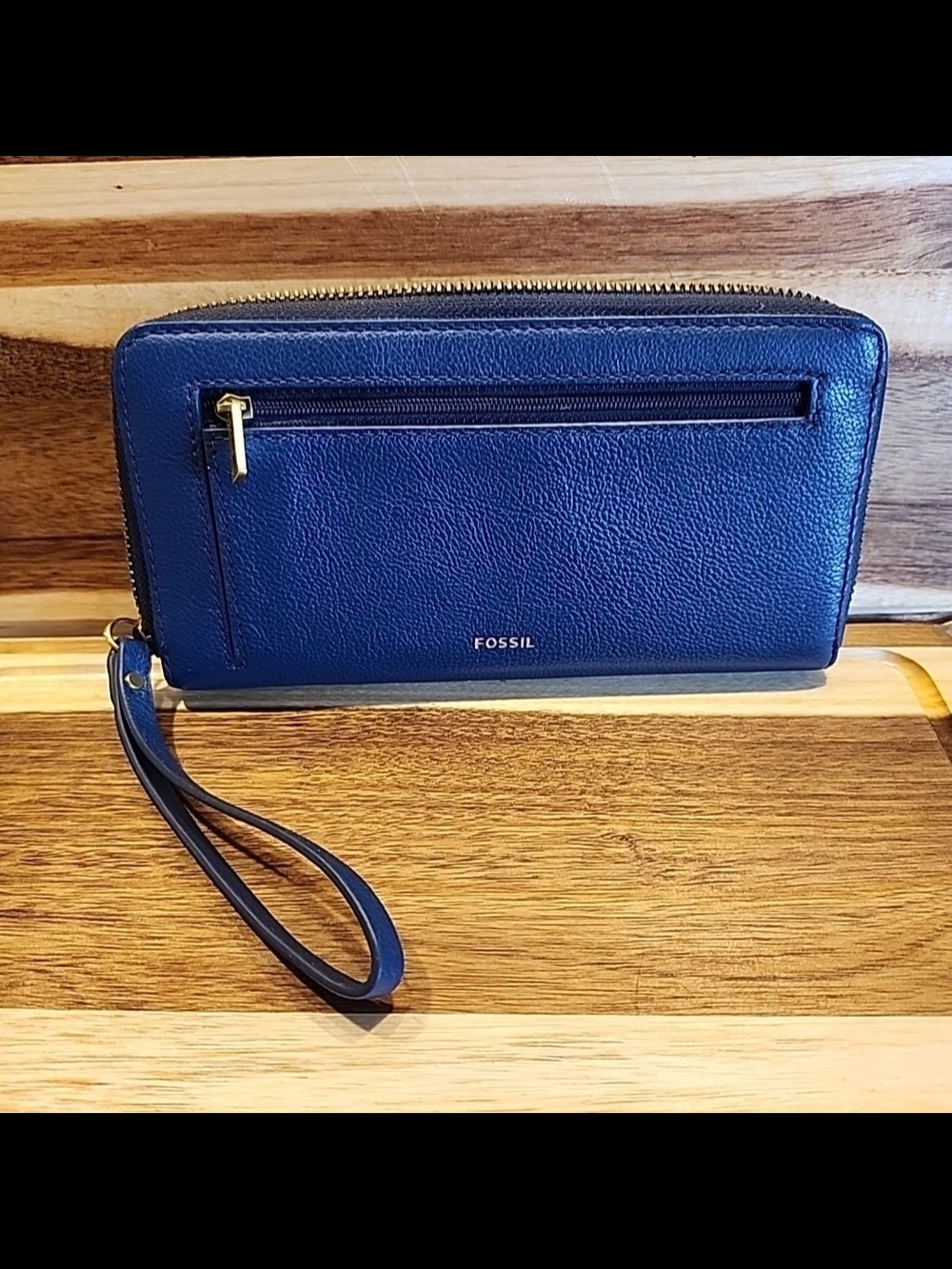 Genuine Fossil Dark Blue Textured Leather Wallet Zip Around Wristlet Clutch